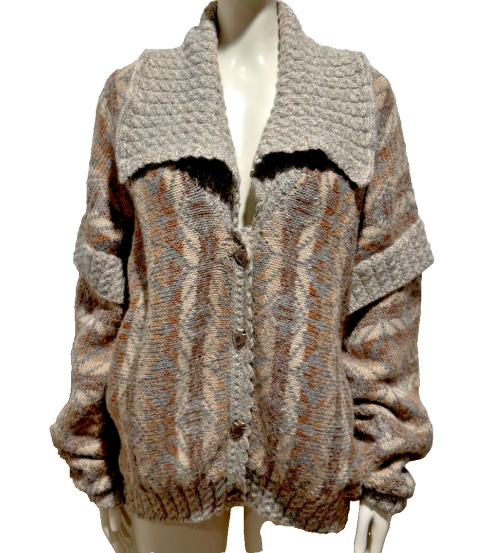 Amazonias Womens Knit Sweater L Alpaca Wool Peru Fish Buttons Shawl Collar Heavy